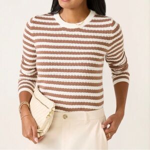 Evereve Amanda  Pointelle Cream and Brown Striped Crewneck Sweater